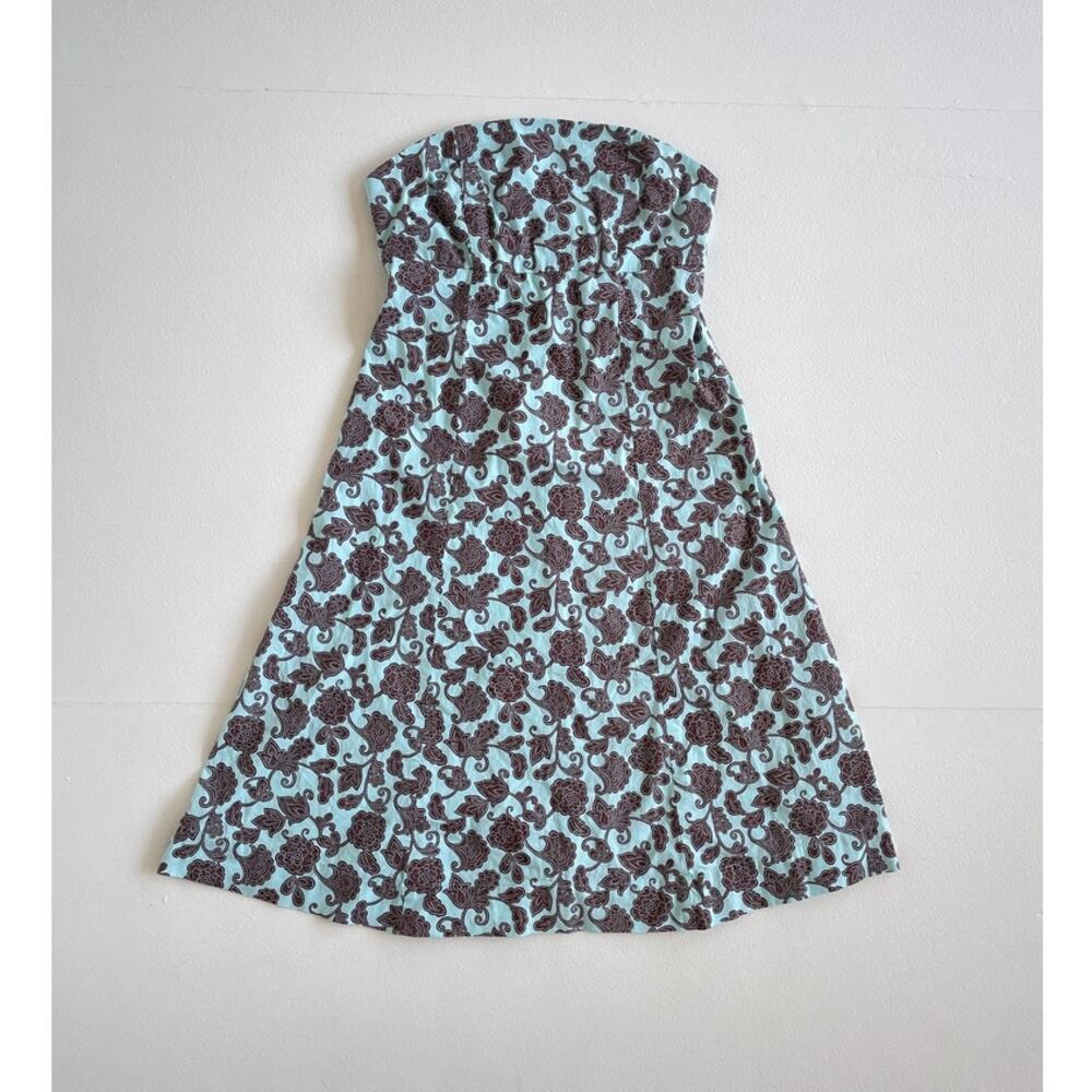 Vtg Y2K GAP Stretch Blue + Brown Floral Strapless Dress / Sz 4 / Indie Twee